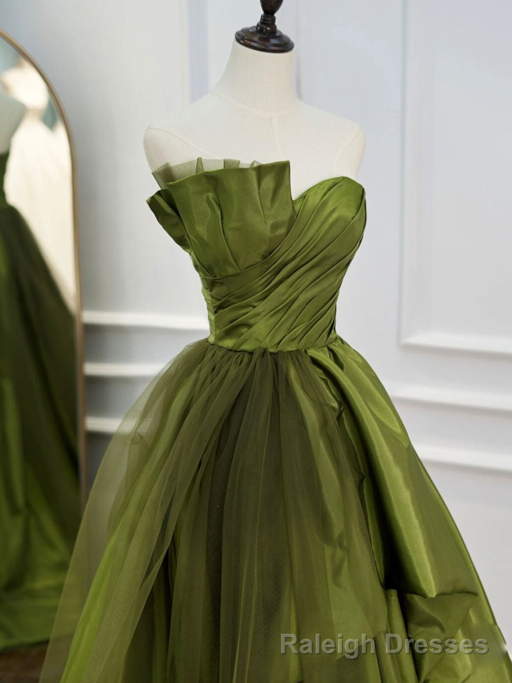 Green Ruffle Tiered Prom Dresses Strapless, Green Long Prom Dress