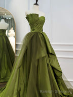 Green Ruffle Tiered Prom Dresses Strapless, Green Long Prom Dress