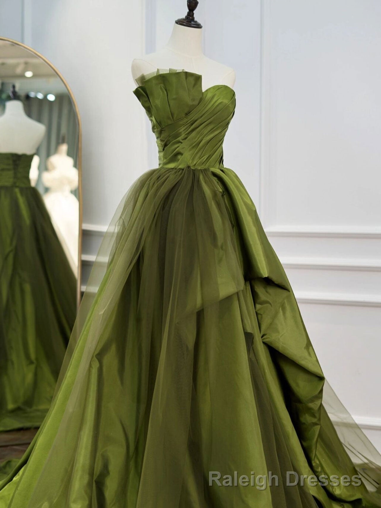 Green Ruffle Tiered Prom Dresses Strapless, Green Long Prom Dress