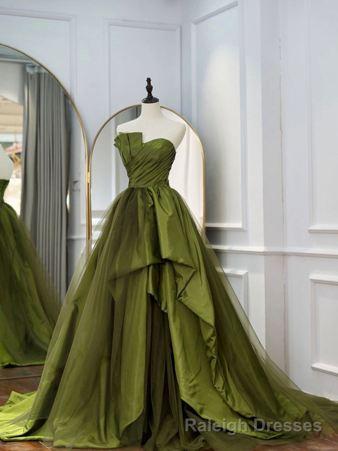 Green Ruffle Tiered Prom Dresses Strapless, Green Long Prom Dress Main image