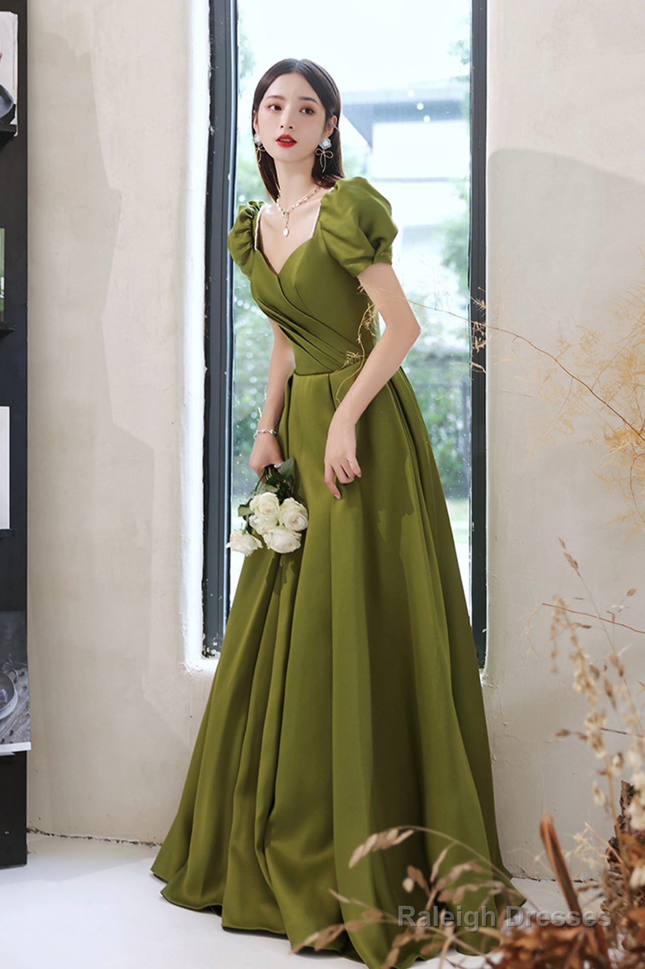 Green Saitn Long Prom Dresses, A-Line Evening Dresses