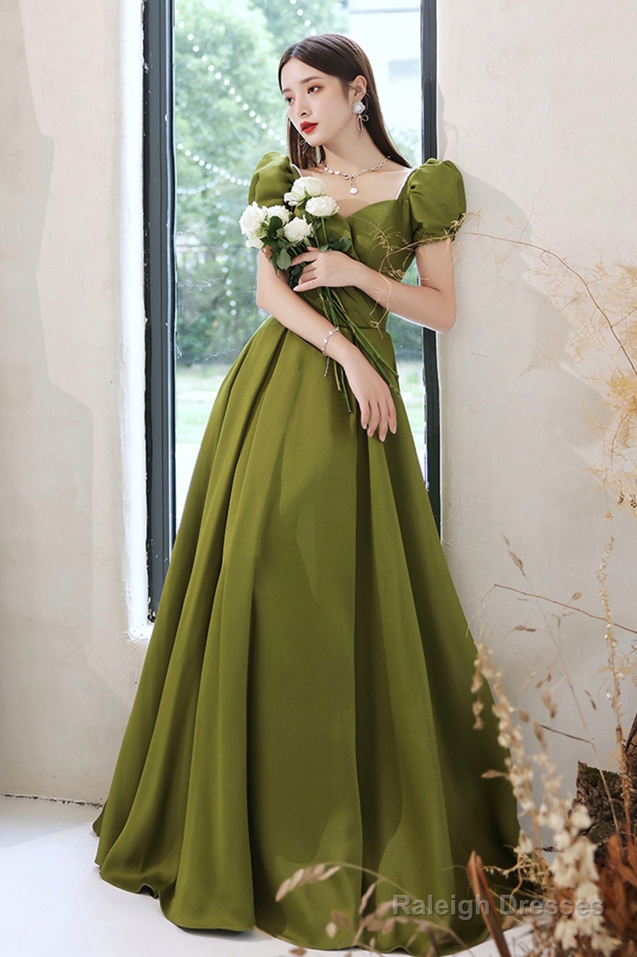 Green Saitn Long Prom Dresses, A-Line Evening Dresses