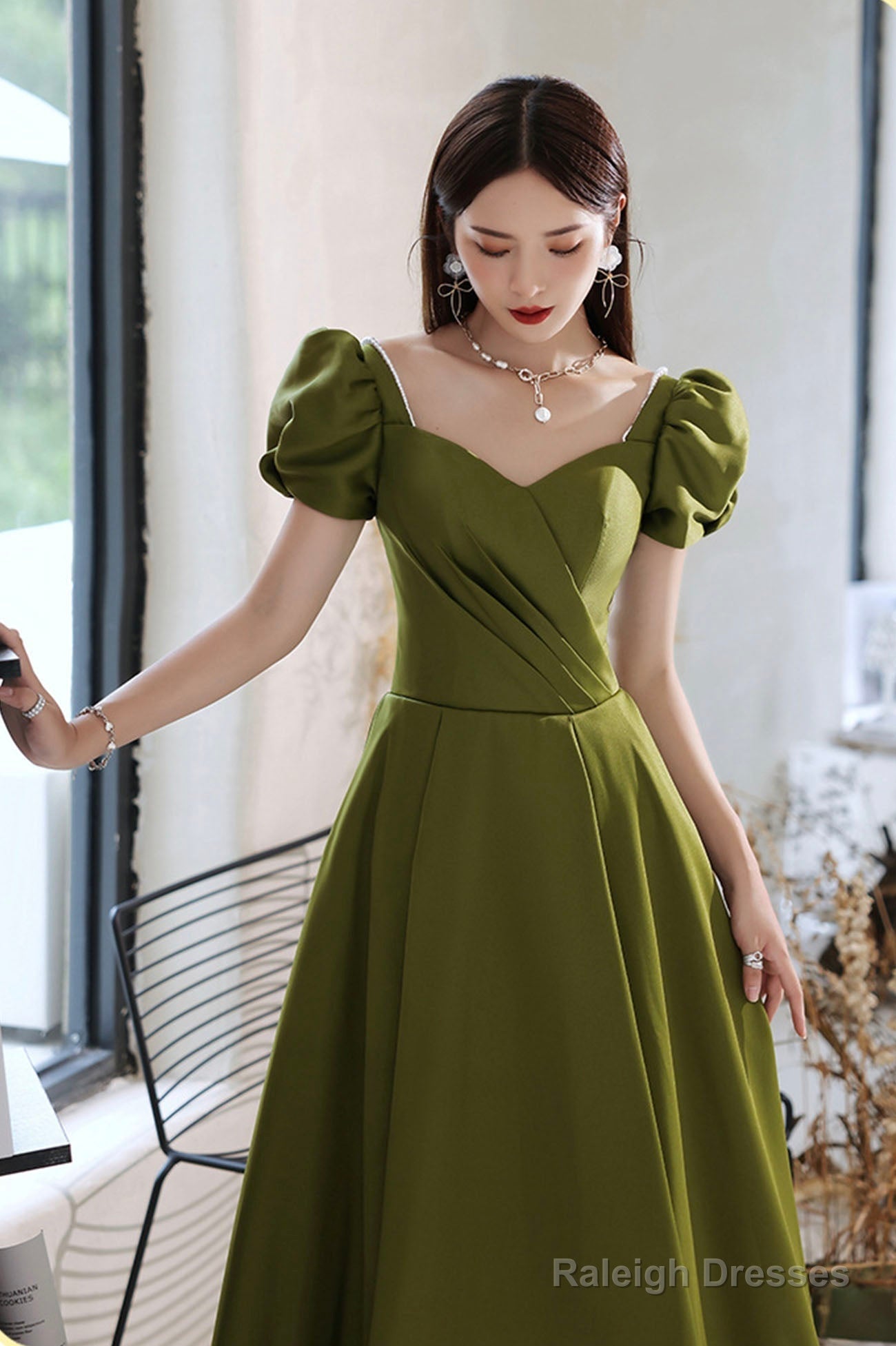Green Saitn Long Prom Dresses, A-Line Evening Dresses