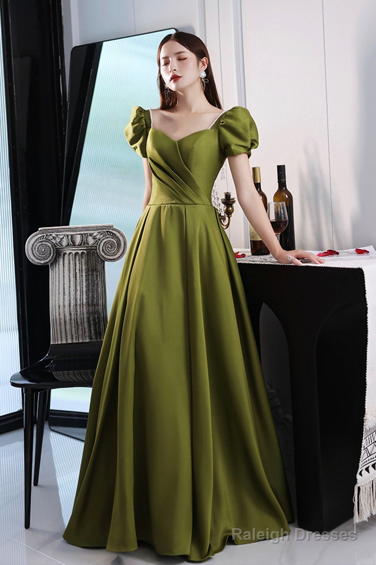 Green Saitn Long Prom Dresses, A-Line Evening Dresses