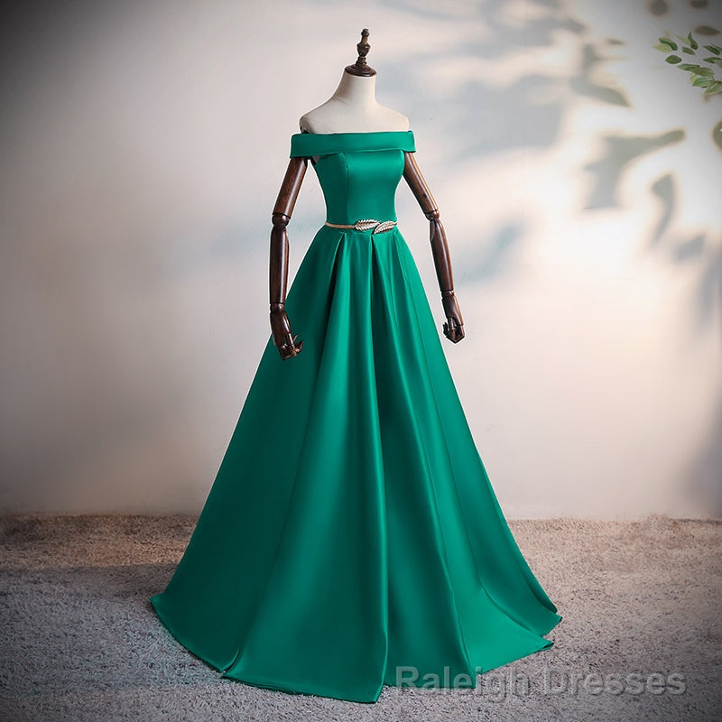 Green Satin A Line Long Off Shoulder Simple Prom Dress, Green Formal Dress Prom Dress Secondary image