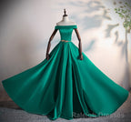 Green Satin A-line Long Off Shoulder Simple Prom Dress, Green Formal Dress Evening Dress