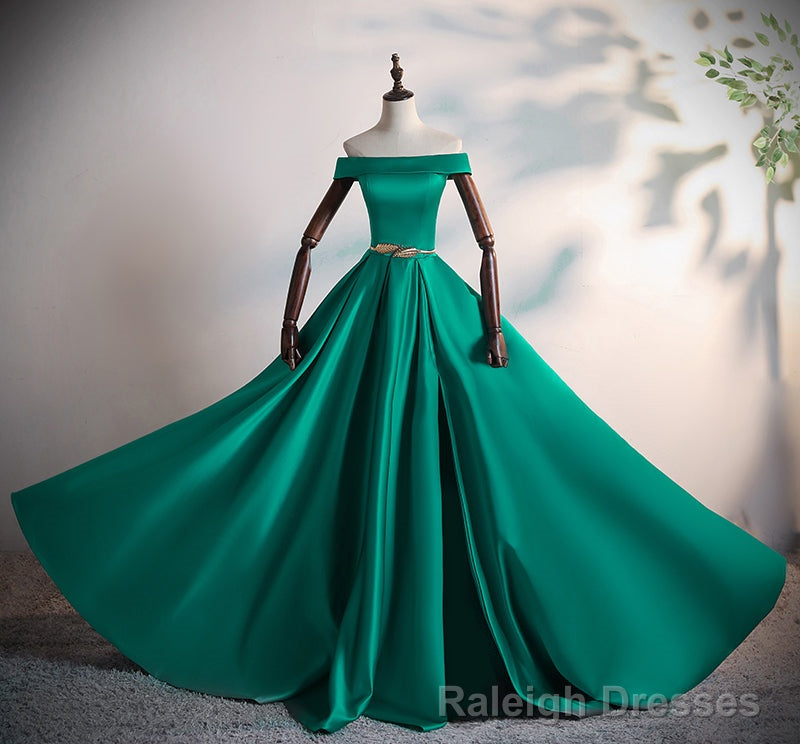 Green Satin A Line Long Off Shoulder Simple Prom Dress, Green Formal Dress Prom Dress Main image
