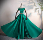 Green Satin A Line Long Off Shoulder Simple Prom Dress, Green Formal Dress Prom Dress