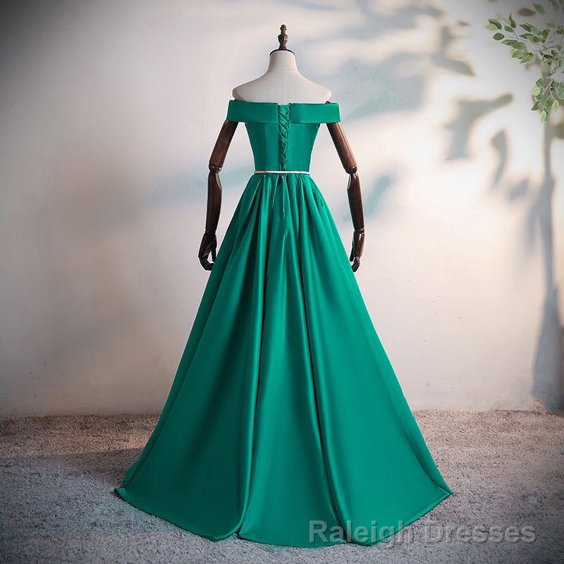 Green Satin A Line Long Off Shoulder Simple Prom Dress, Green Formal Dress Prom Dress