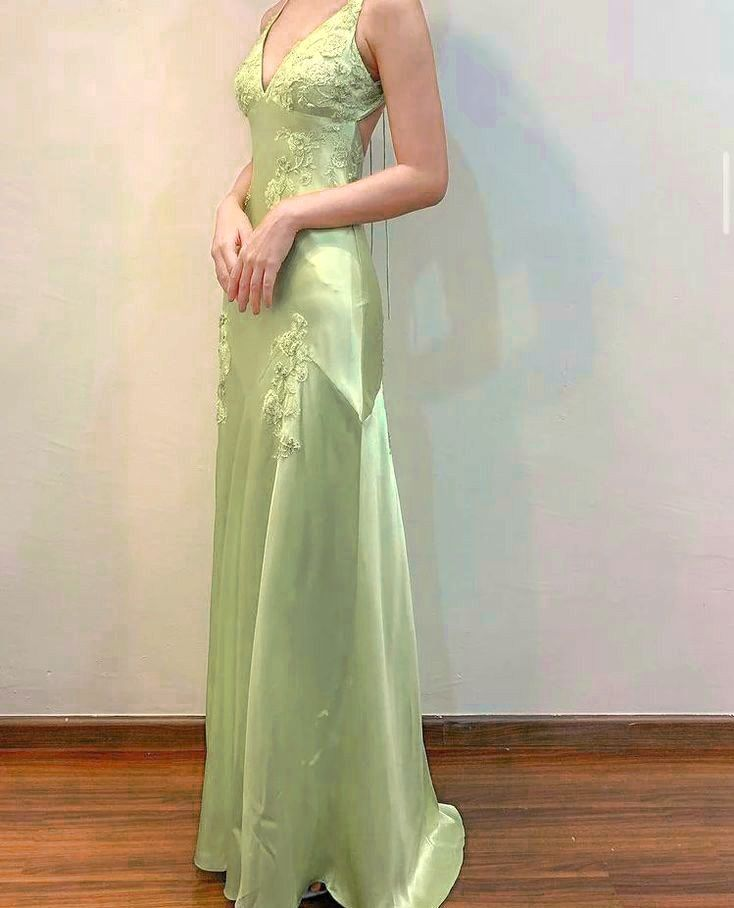 Green Satin A-Line Prom Dress Long Prom Dresses