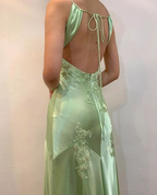 Green Satin A-Line Prom Dress Long Prom Dresses
