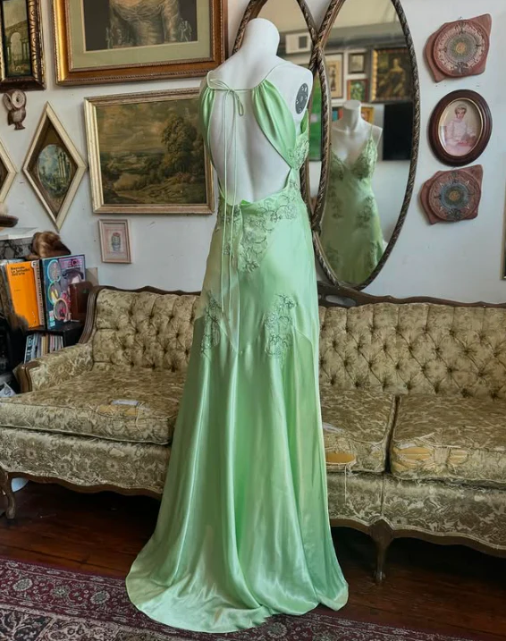 Green Satin A-Line Prom Dress Long Prom Dresses