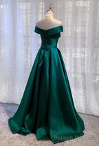 Green Satin A-line Off Shoulder Floor Length Party Dress Green Prom Dress prom dresses shops