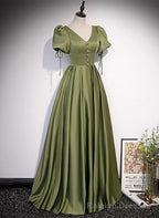 Green Satin A Line Puffy Sleeves A Line Prom Dress, V Neck Simple Long Formal Prom Gowns