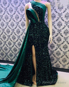 Green Satin And Sequin Prom Dresses Mermaid