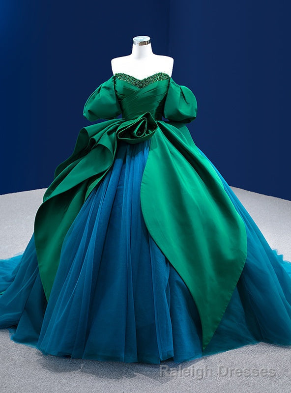 Green Satin Blue Tulle Puff Sleeve Beading Prom Dress Main image