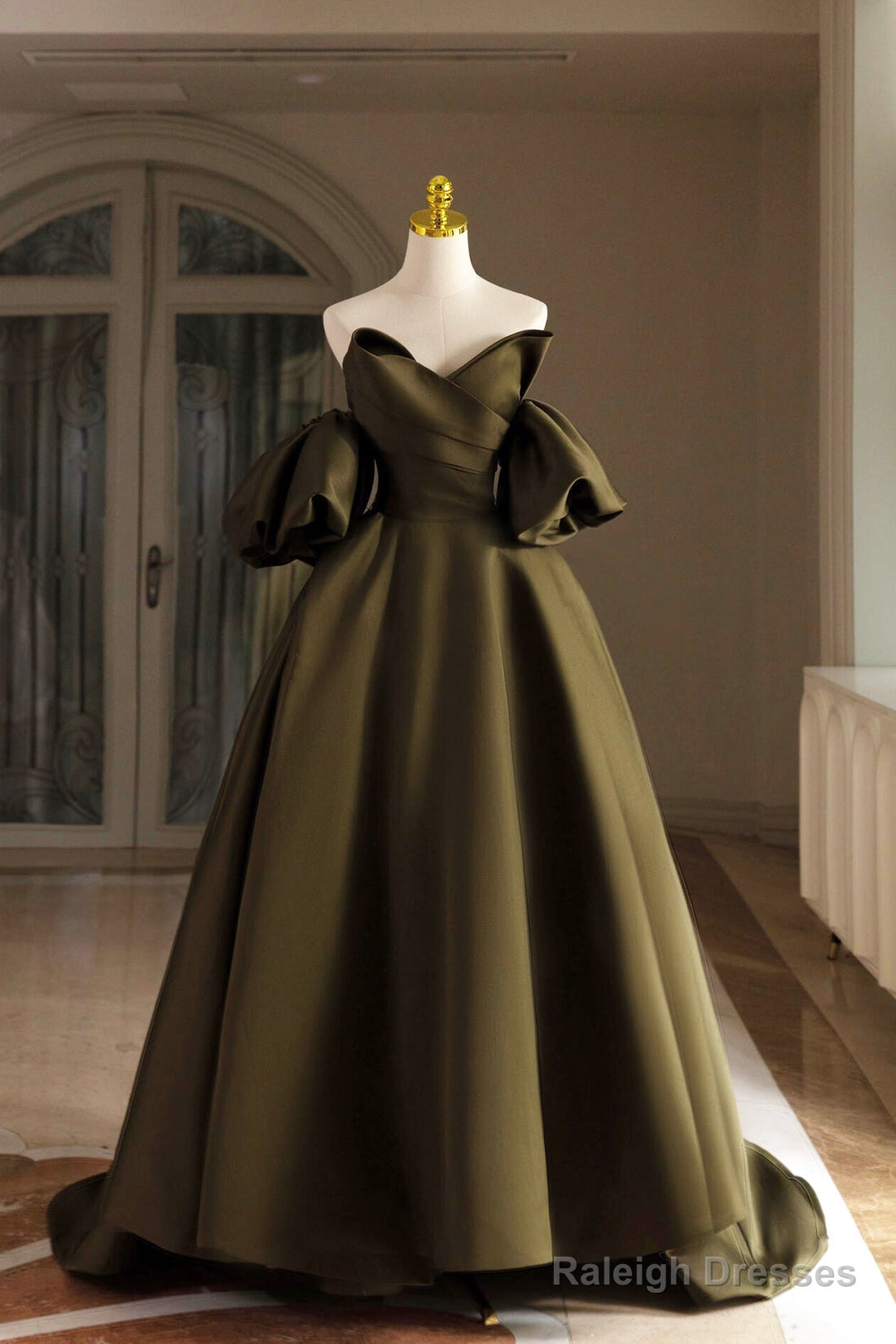 Green Satin Floor Length Party Dress, A-Line Puffy Short Sleeve Evening Prom Dress Main image