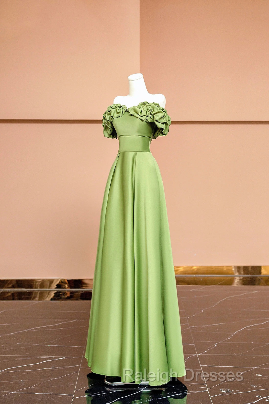 Green Satin Floor Length Prom Dress, Off The Shoulder Evening Party Dress