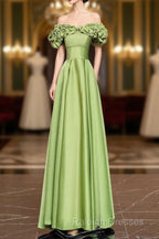 Green Satin Floor Length Prom Dress, Off The Shoulder Evening Party Dress