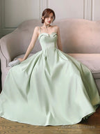 Green Satin Floor Length Prom Dress, Simple A-Line Evening Party Dress