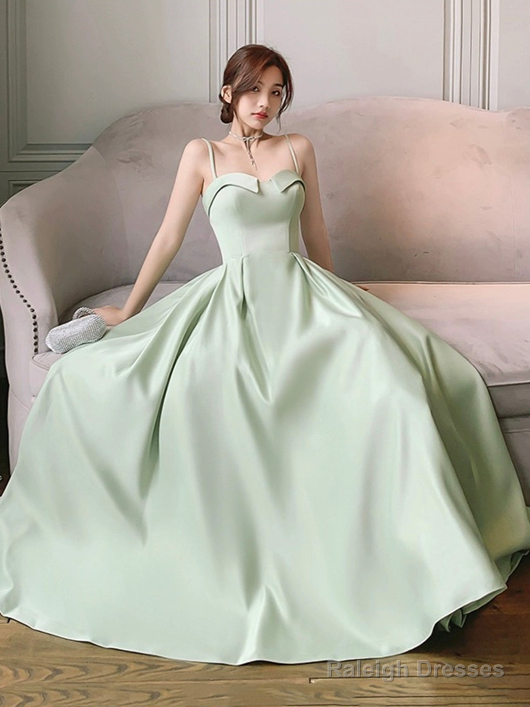 Green Satin Floor Length Prom Dress, Simple A-Line Evening Party Dress