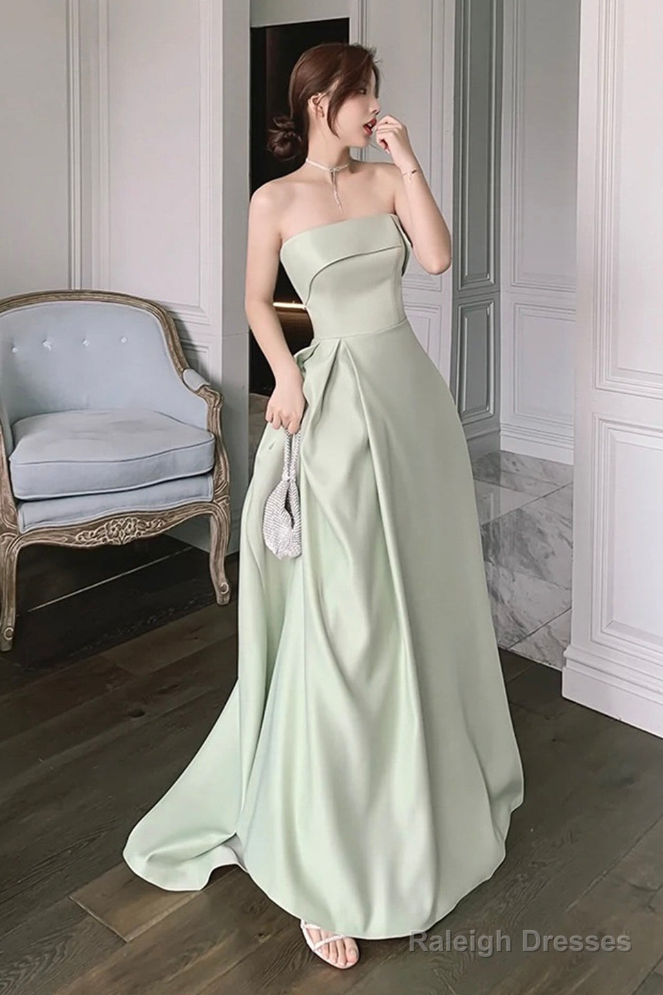 Green Satin Floor Length Prom Dress, Simple A-Line Evening Party Dress