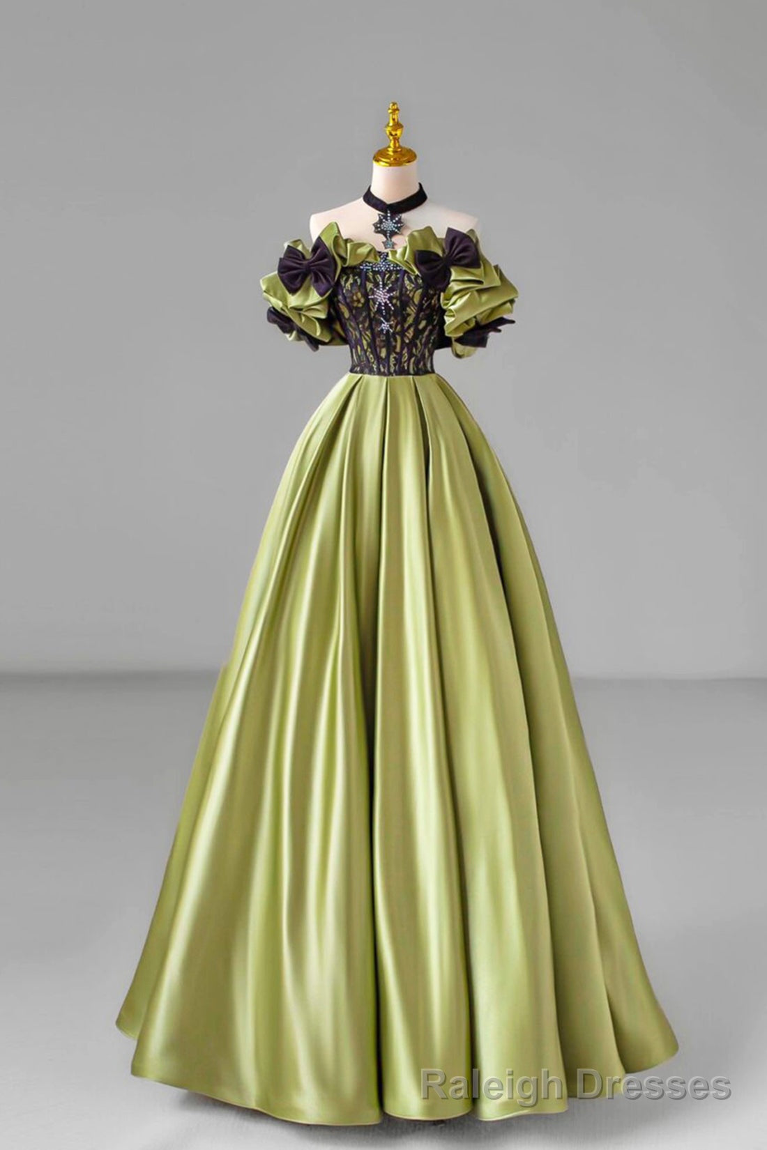 Green Satin Floor Length Prom Dress with Lace, Green Prom Prom Dress