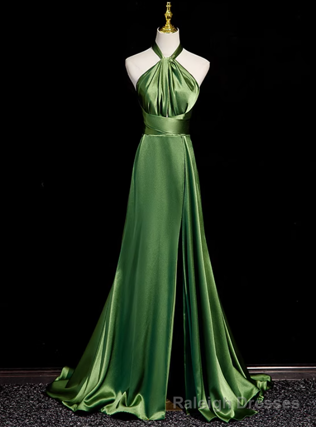 Green Satin Halter Backless Prom Dress Main image