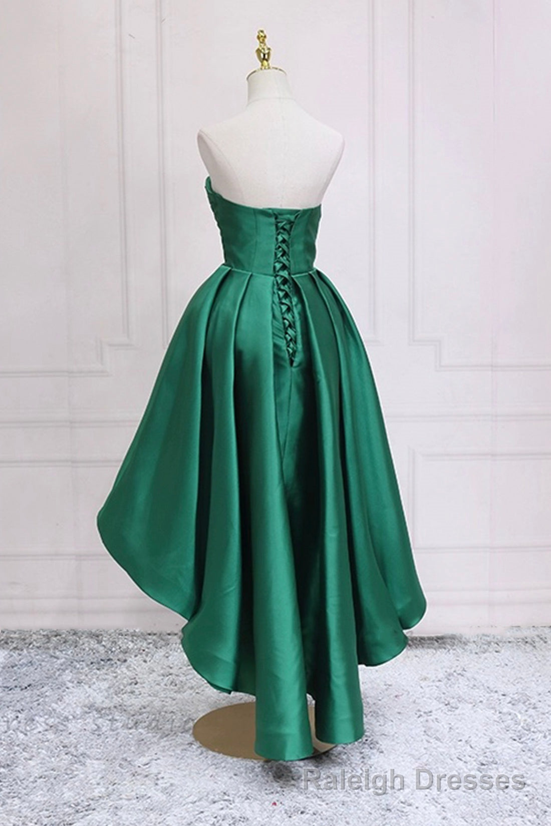Green Satin High Low Prom Dress, Cute Sweetheart Neck Evening Party Dress