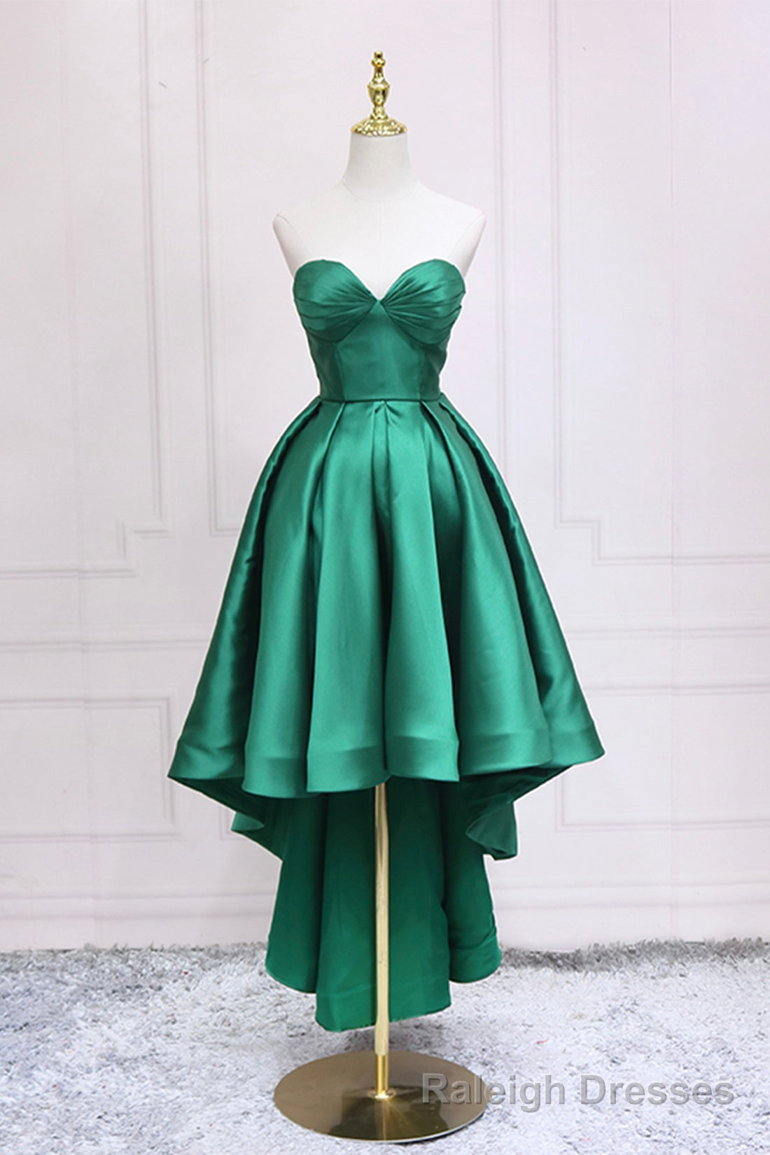 Green Satin High Low Prom Dress, Cute Sweetheart Neck Prom Prom Dress Main image
