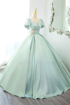Green Satin Lace Long Prom Dress, Beautiful A Line Short Sleeve Prom Prom Dress