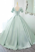 Green Satin Lace Long Prom Dress, Beautiful A Line Short Sleeve Prom Prom Dress