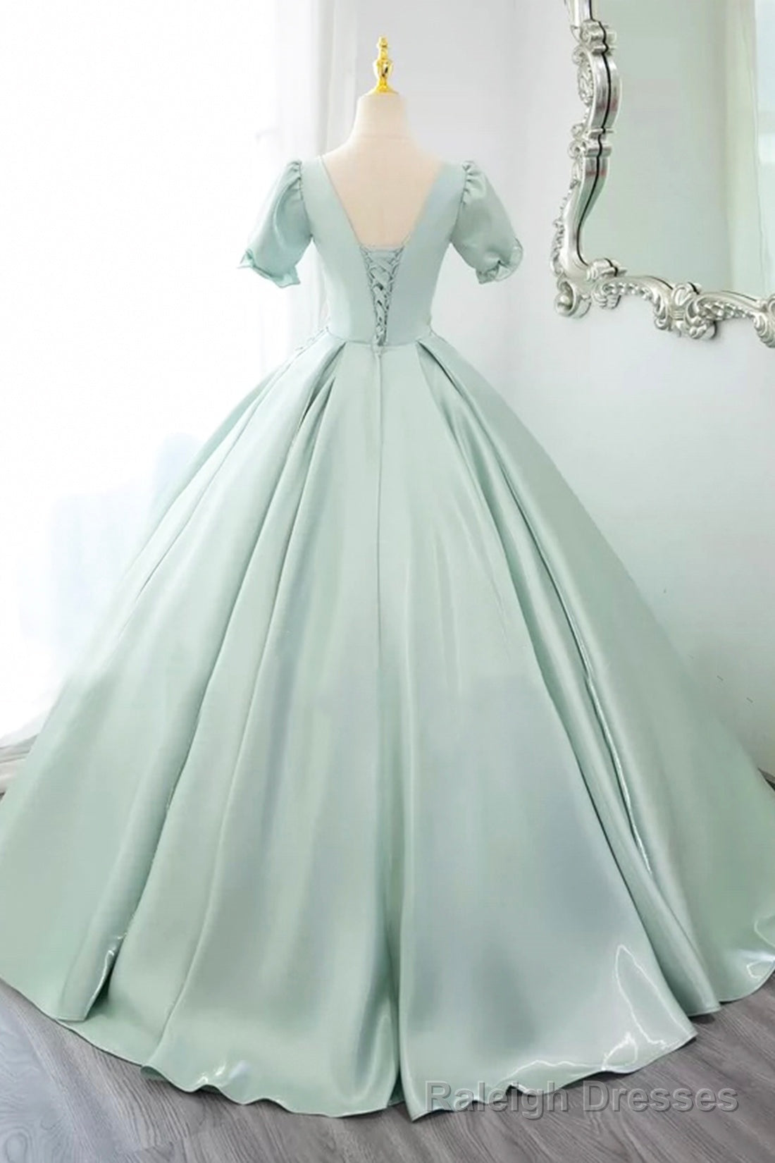 Green Satin Lace Long Prom Dress, Beautiful A Line Short Sleeve Prom Prom Dress