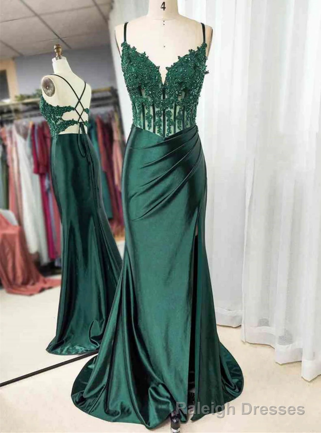 Green Satin Lace Spaghetti Straps Prom Dress