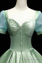 Green Satin Long A Line Ball Gowns, Short Sleeve Green Formal Prom Dress