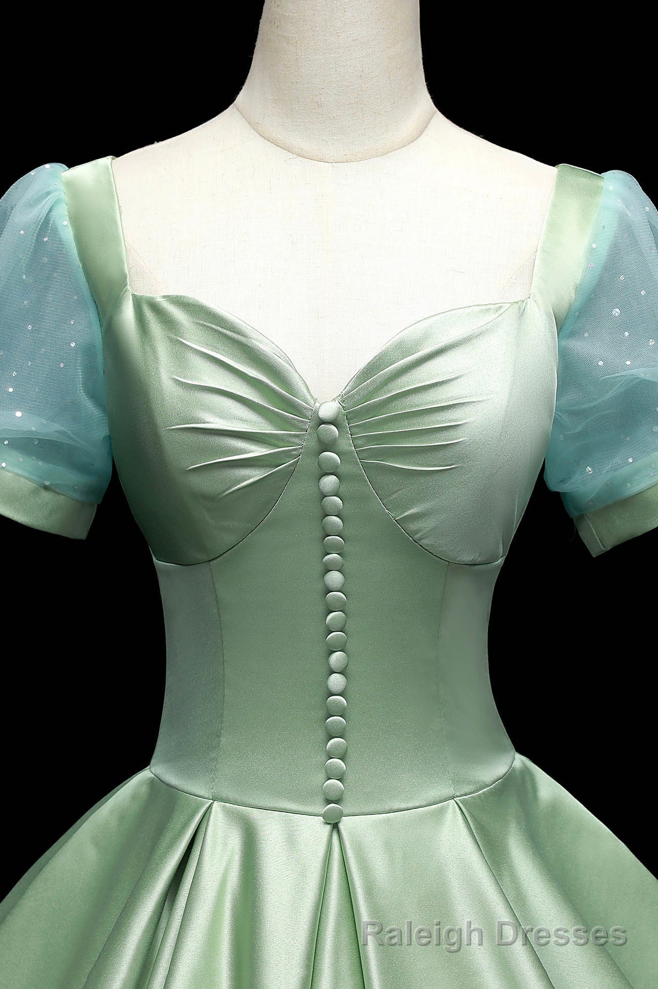 Green Satin Long A Line Ball Gowns, Short Sleeve Green Formal Prom Dress