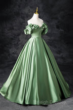 Green Satin Long A-Line Party Dress, Off The Shoulder Formal Evening Dress