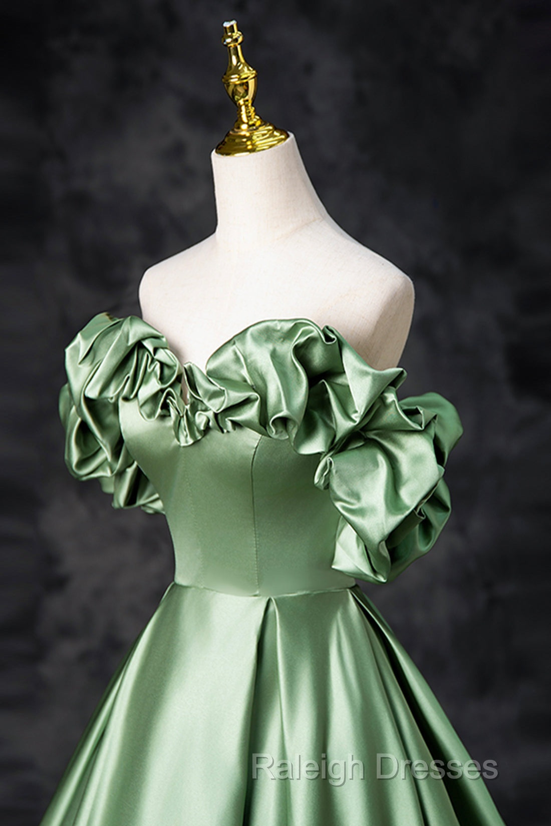 Green Satin Long A-Line Party Dress, Off The Shoulder Formal Evening Dress