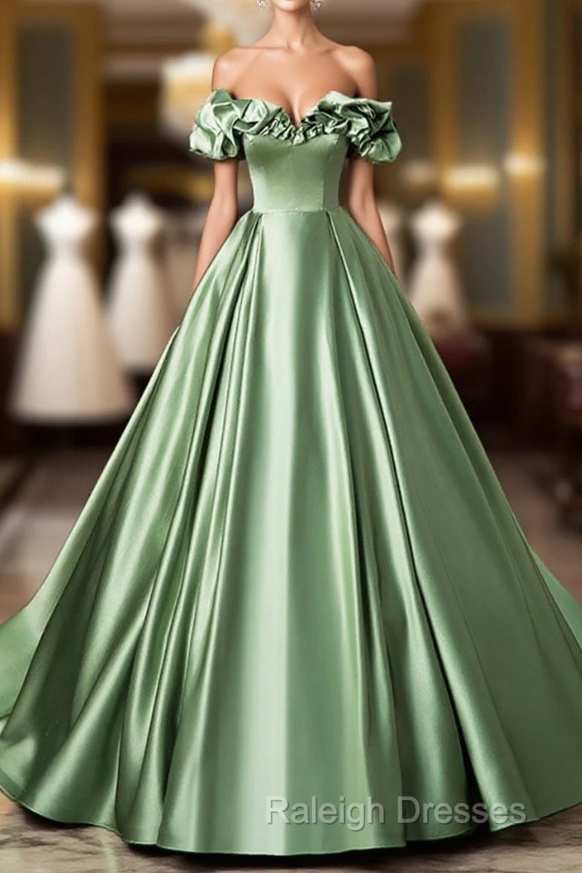 Green Satin Long A-Line Party Dress, Off The Shoulder Formal Evening Dress Main image