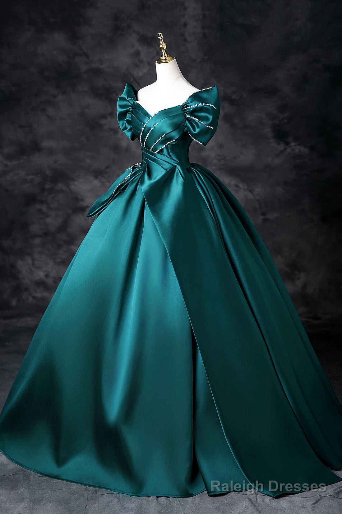 Green Satin Long A-Line Prom Dress, Green Off The Shoulder Evening Party Dress Secondary image