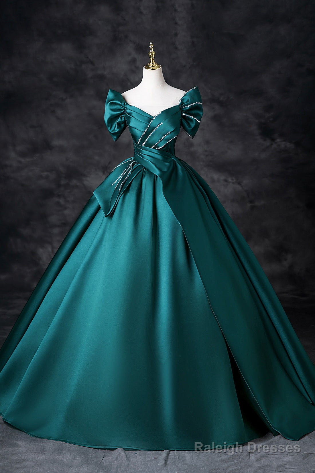 Green Satin Long A-Line Prom Dress, Green Off The Shoulder Evening Party Dress Main image