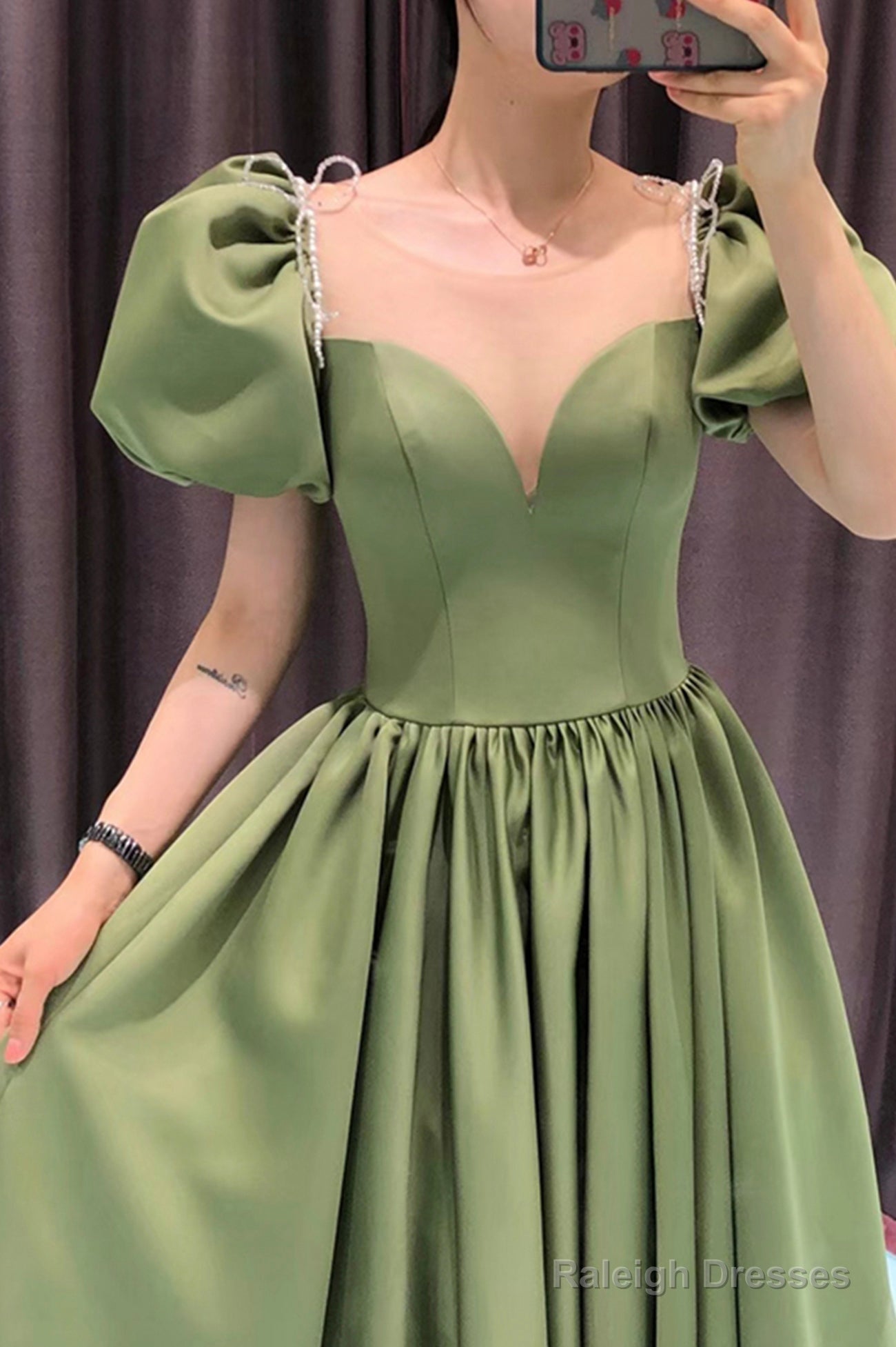 Green Satin Long A-Line Prom Dress, Green Short Sleeve Evening Party Dress Secondary image