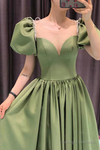 Green Satin Long A-Line Prom Dresses Green Short Sleeve Prom Dresses