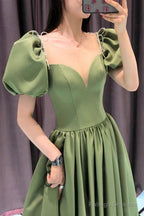 Green Satin Long A-Line Prom Dresses Green Short Sleeve Prom Dresses
