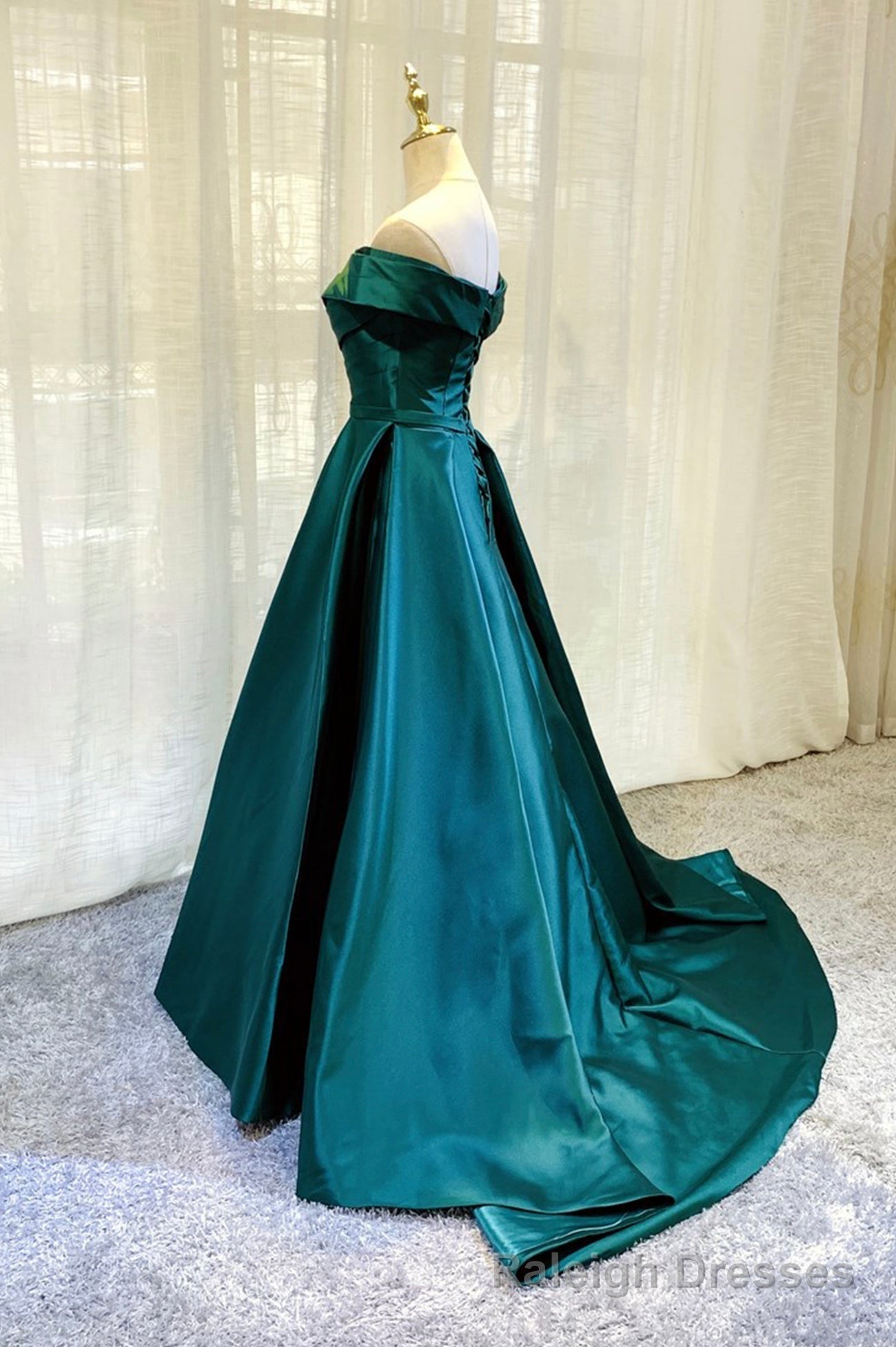 Green Satin Long A Line Prom Dress, Simple Off the Shoulder Prom Dress