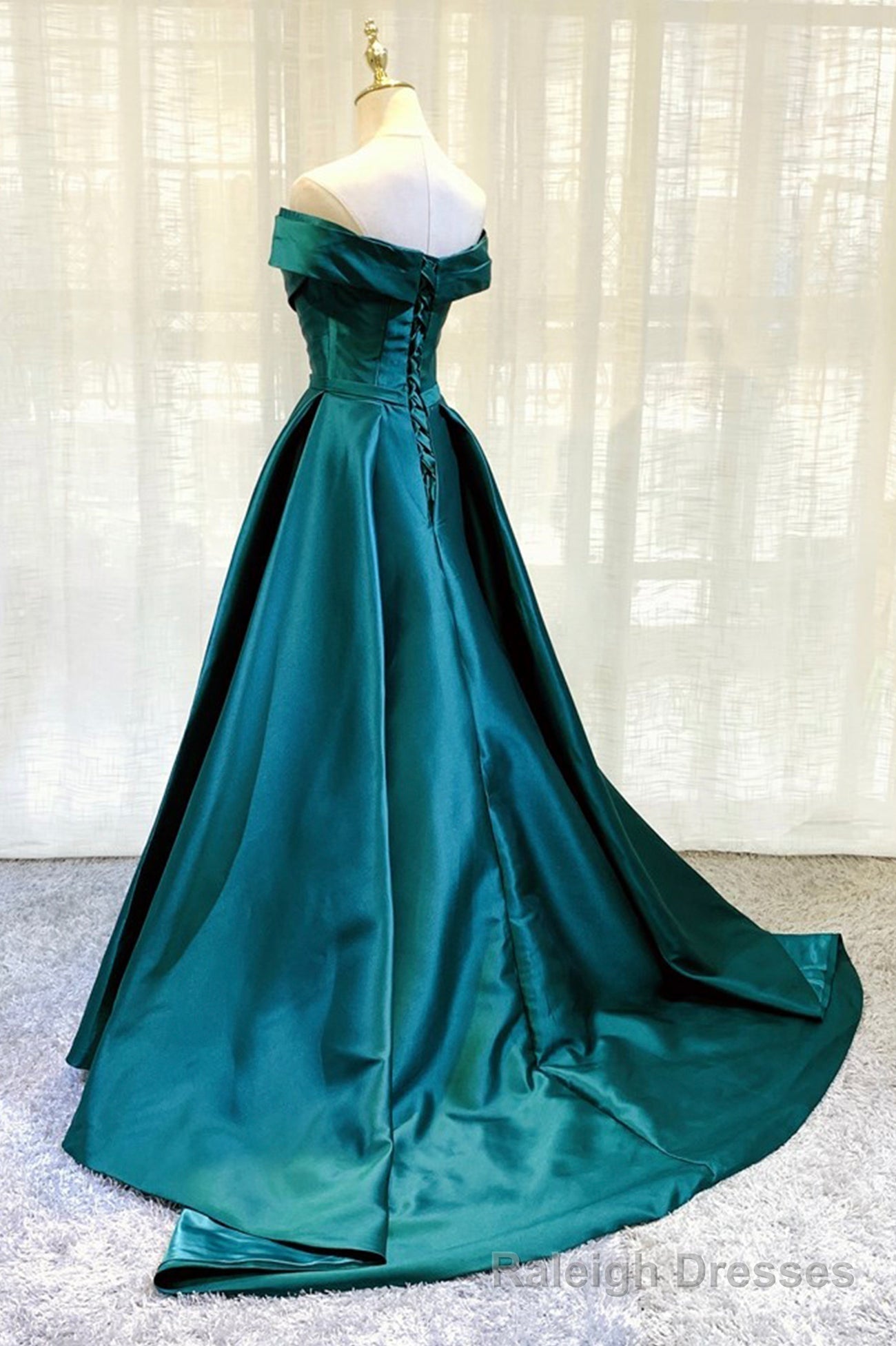 Green Satin Long A Line Prom Dress, Simple Off the Shoulder Prom Dress
