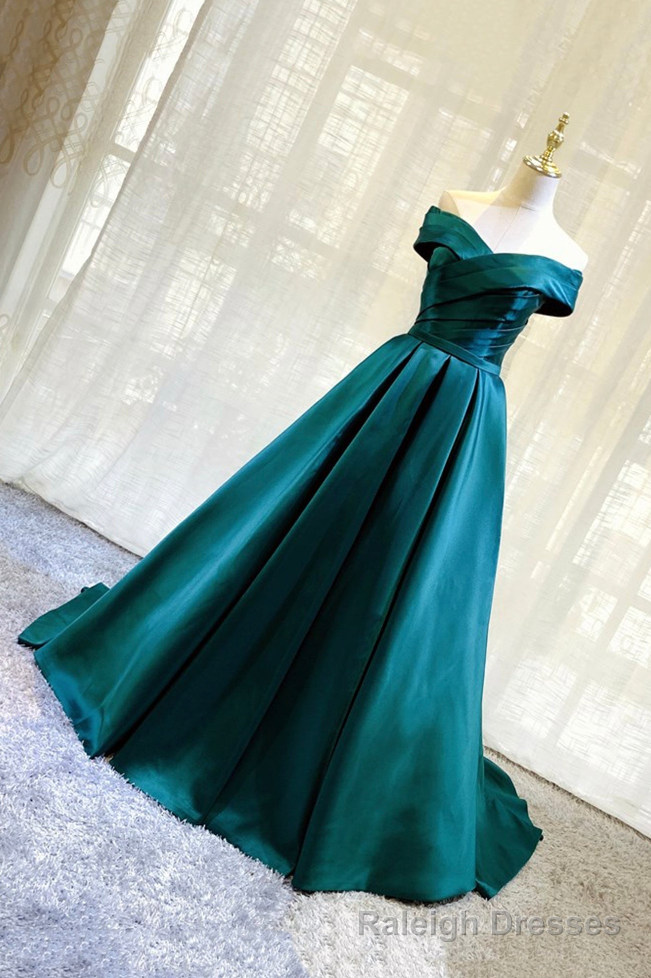 Green Satin Long A Line Prom Dress, Simple Off the Shoulder Prom Dress