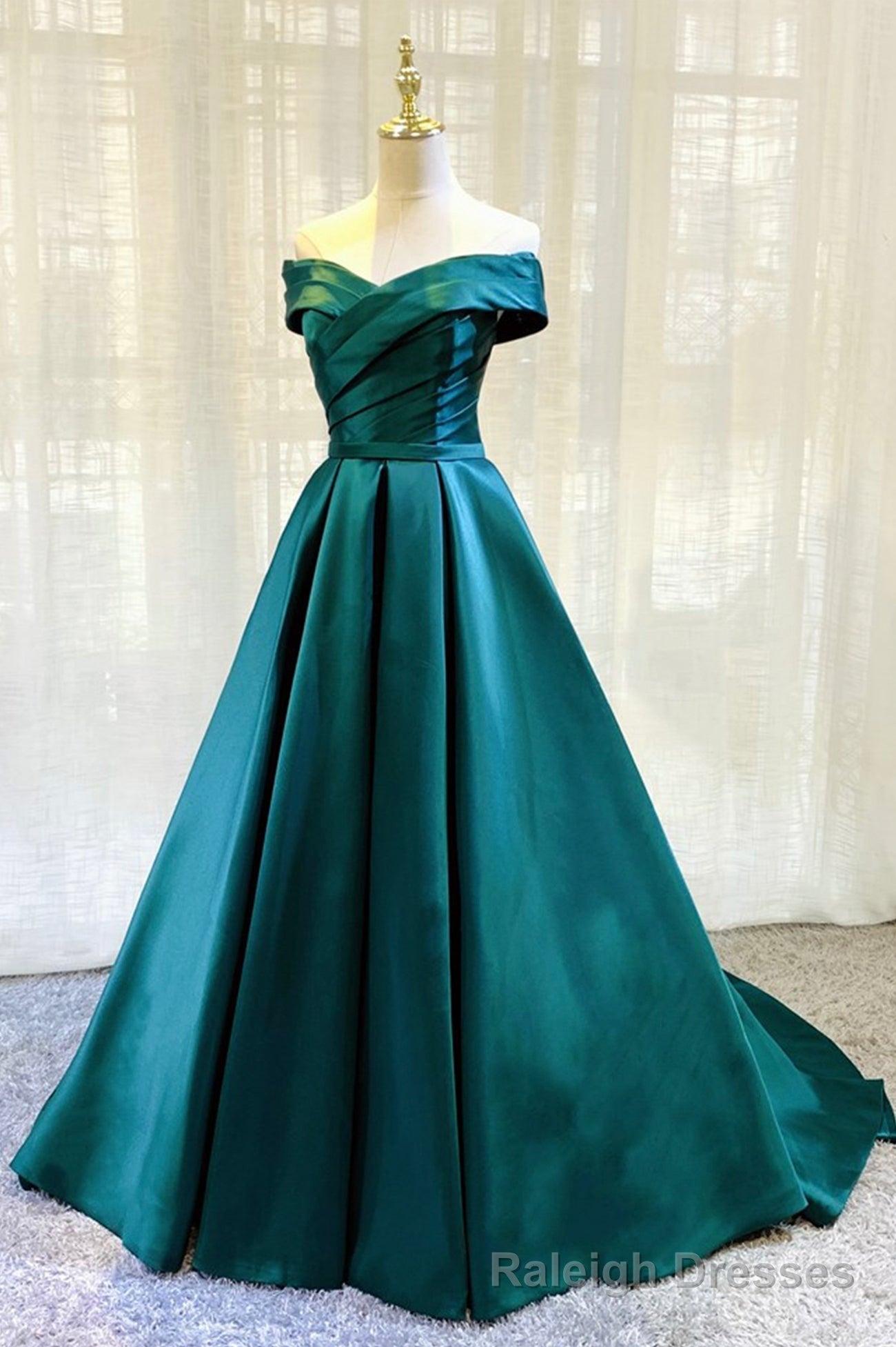 Green Satin Long A Line Prom Dress, Simple Off the Shoulder Prom Dress