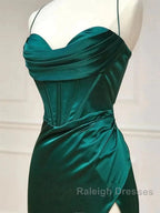 Green Satin Long Mermaid Slit Prom Dresses