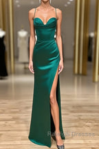 Green Satin Long Mermaid Slit Prom Dress